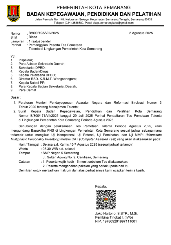 Undangan Pemanggilan Peserta Tes Pemetaan Talenta di Lingkungan Pemerintah Kota Semarang
